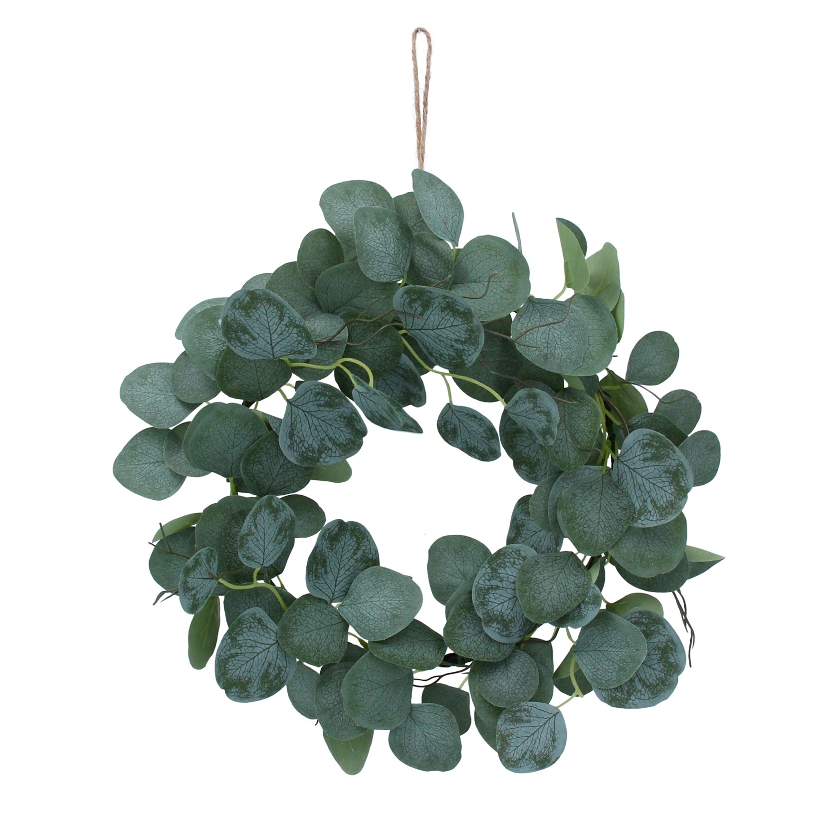 A faux green penny eucalyptus wreath. The perfect addition to your home or a gift for yourself or a loved one. By London designer Gisela Graham.